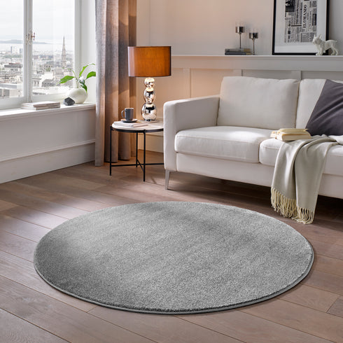 Kurzflor Teppich Designer | Flauschiger Flachflor fürs Wohnzimmer, Esszimmer, Schlafzimmer oder Kinderzimmer | Grau Rund
